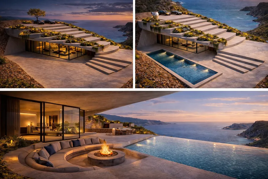 Coastal villa concept with infinity pool and sunken outdoor lounge