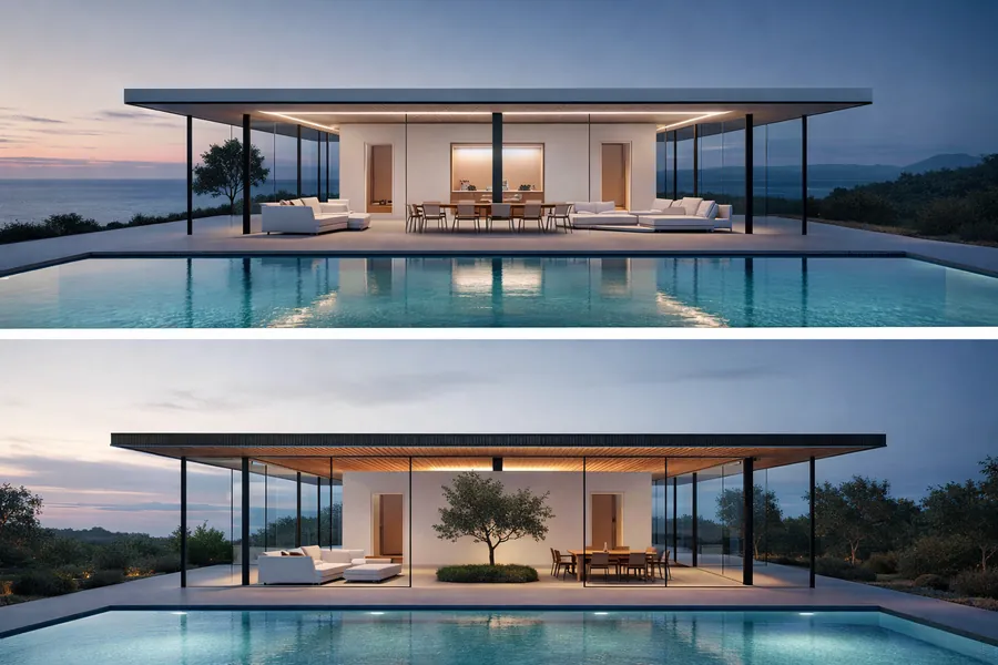Minimal glass pavilion villa concept with a reflecting pool