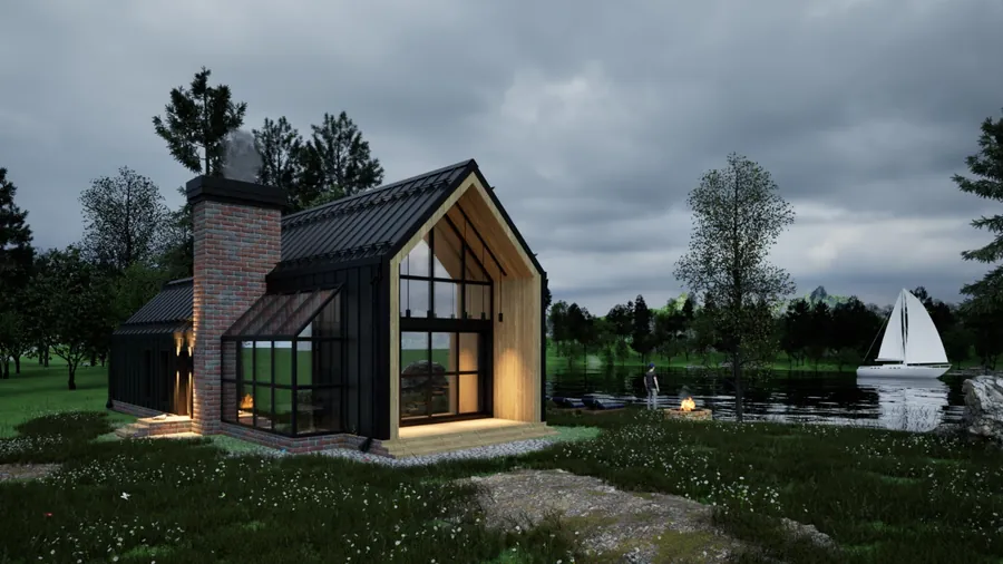 Compact modern cabin concept beside a lake with panoramic glazing