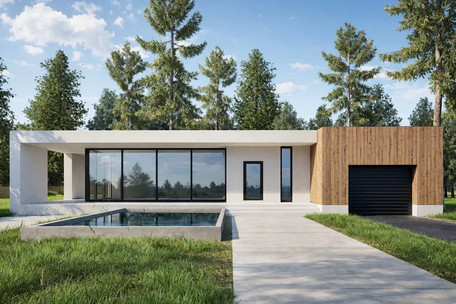 Contemporary forest villa concept with large glazing, pool and garage