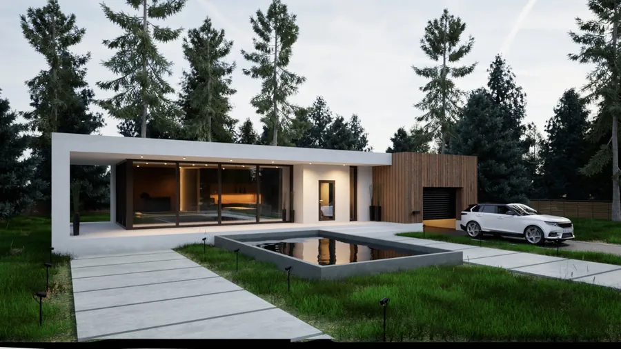 Modern single-storey forest villa concept with pool and integrated garage