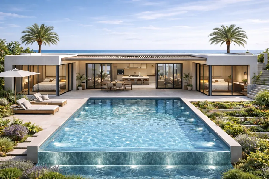 Bright seafront courtyard villa concept with a large private swimming pool
