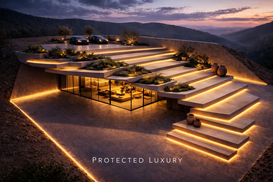 Terraced hillside villa concept with integrated architectural lighting at night