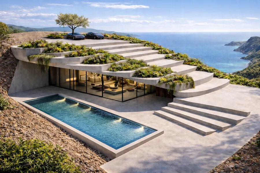 Terraced hillside villa concept with private pool and sea views