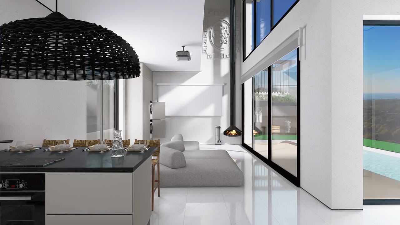 Double height living room with sea view