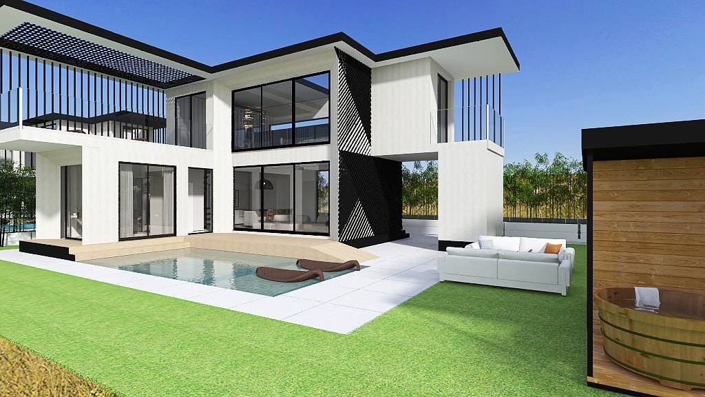 Pool courtyard and villa