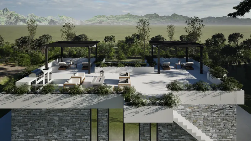 Villa P exterior daytime view 4 with contemporary architecture and private pool in Crete