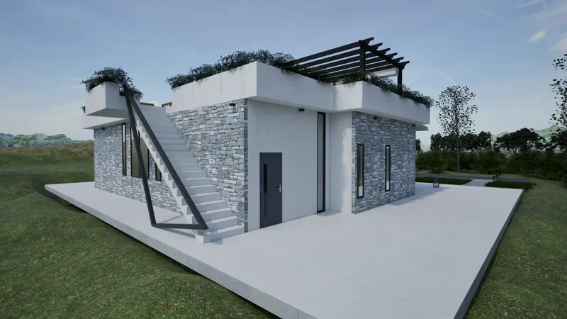Villa P exterior daytime view 6 with contemporary architecture and private pool in Crete