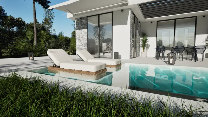 Villa P exterior daytime view 8 with contemporary architecture and private pool in Crete