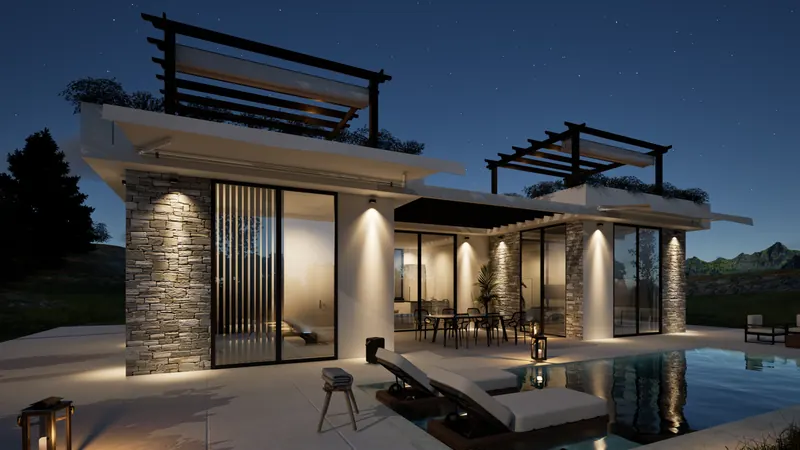 Villa P exterior night view 1 with architectural lighting in Crete