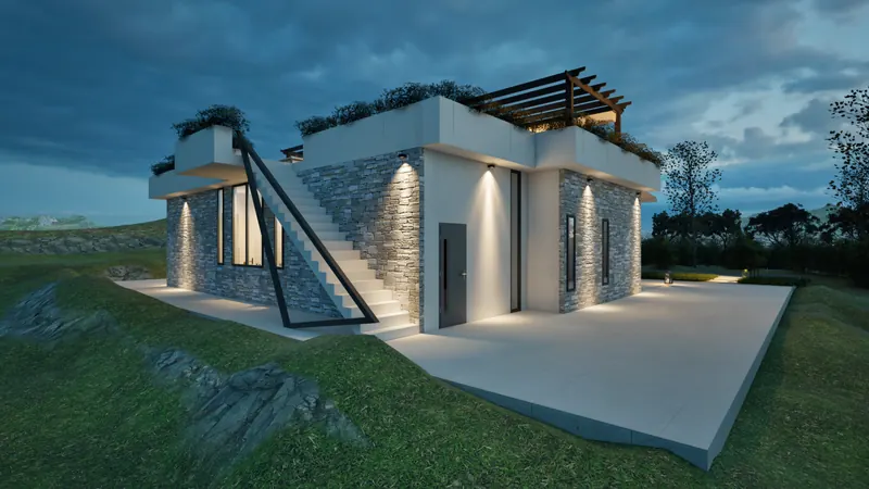 Villa P exterior night view 5 with architectural lighting in Crete
