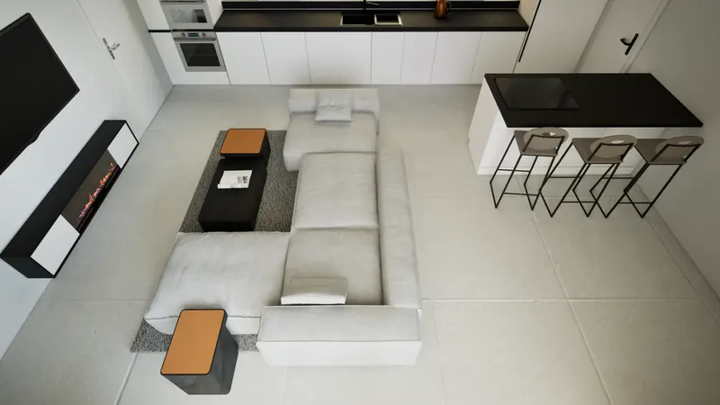 Villa P open-plan kitchen and living room interior view 2