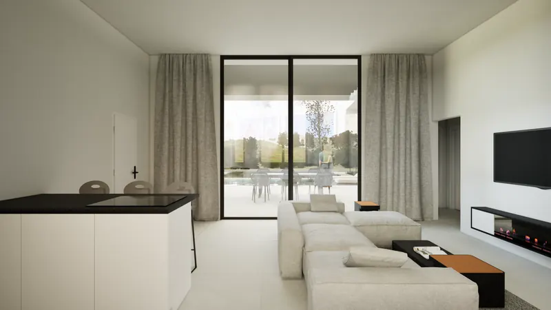 Villa P open-plan kitchen and living room interior view 3