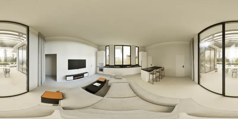 Villa P panoramic open-plan living room and kitchen interior